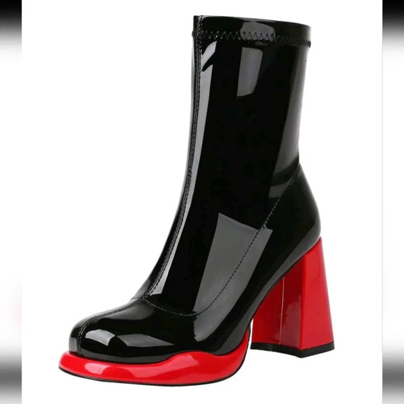 Boots Platform Chunky Block Heel Boots Prom Square Toe Side Zipper Mid Calf Boot - Picture 4 of 6